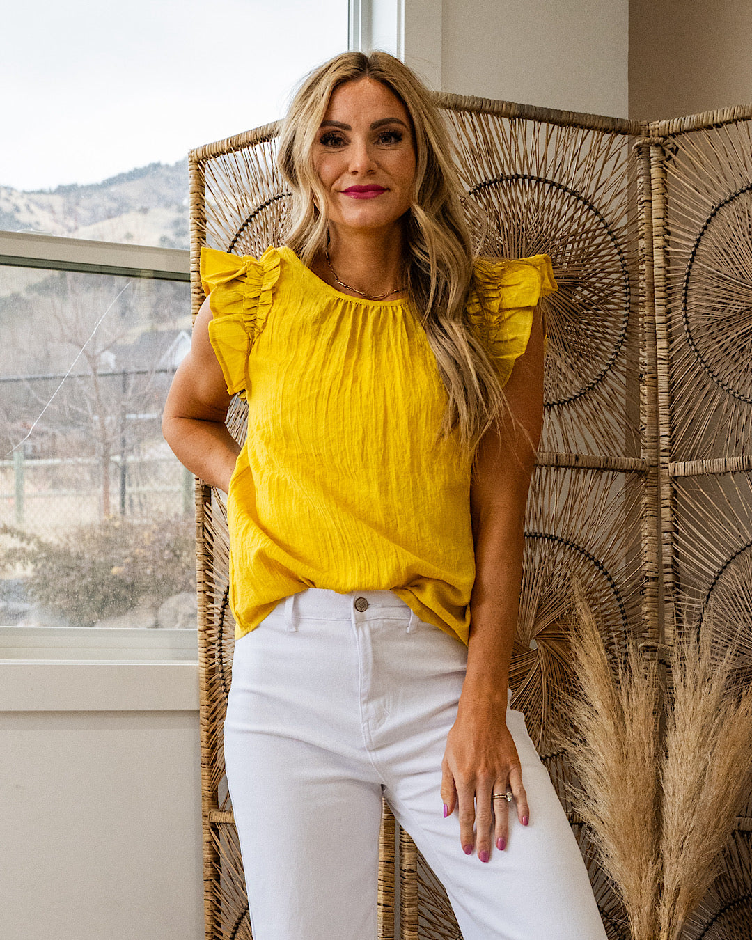 NEW! Celeste Ruffle Sleeve Top - Dijon Yellow Staccato