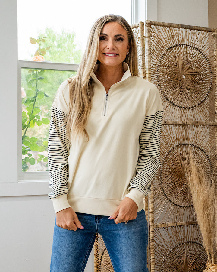 Lily Brushed Striped Sleeve Half Zip Pullover - Cream
