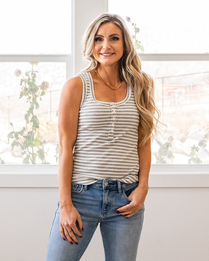 NEW! Adelle Striped Henley Tank - Heather Gray