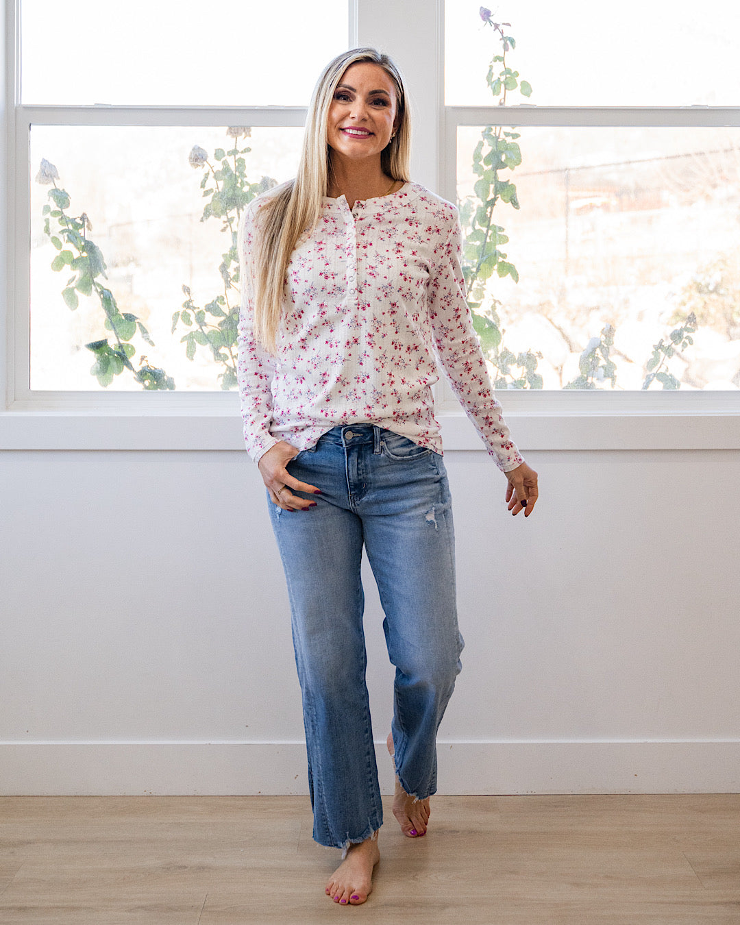 NEW! Christina Pointelle Henley Long Sleeve Top - Micro Pink Floral Michelle Mae