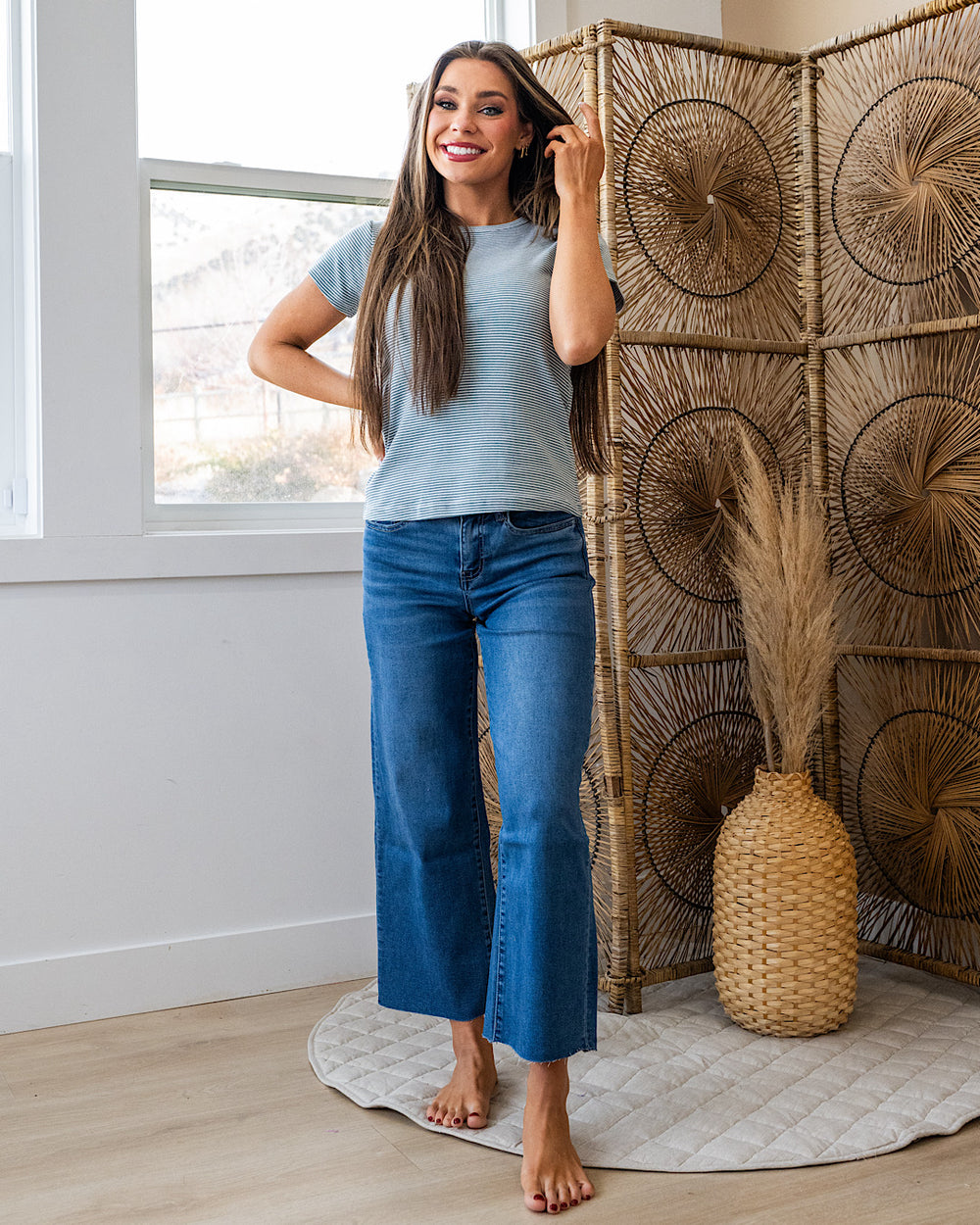 Lexi Light Turquoise and Ivory Striped Top Thread & Supply