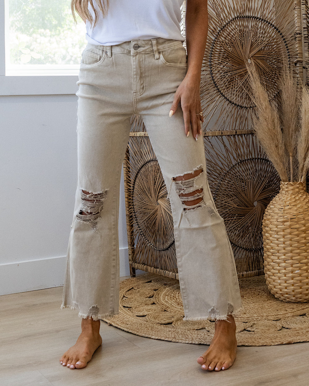 NEW! Gia Wide Leg Distressed Cropped Jeans - Sand Beige Zenana
