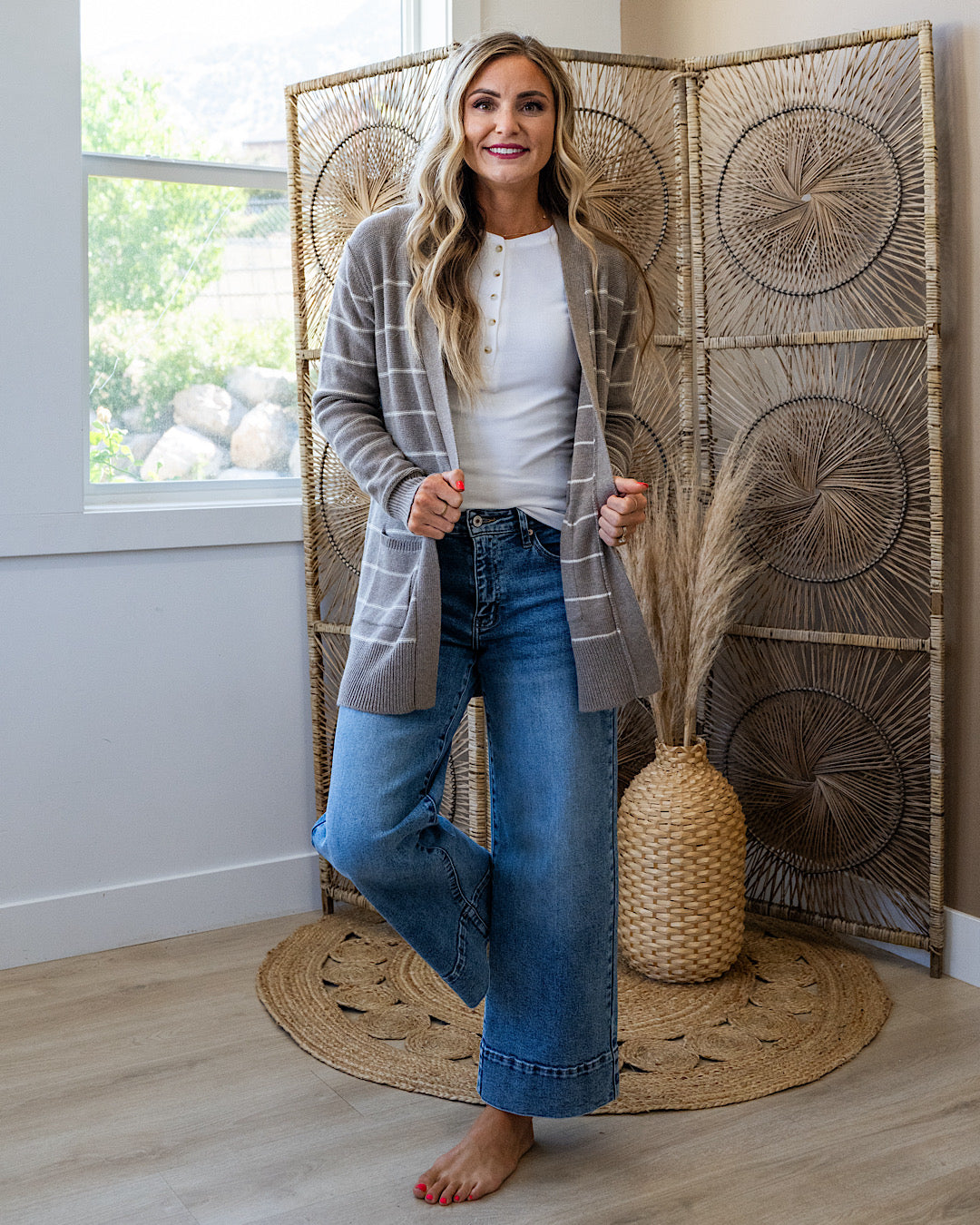 Debbie Striped Open Front Cardigan - Mocha