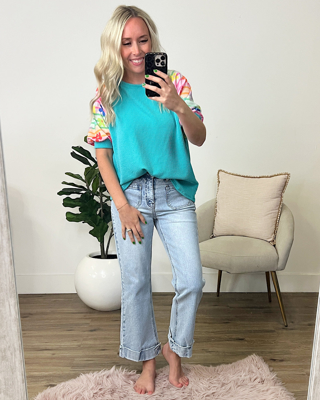 Caitlyn Turquoise Corded Top with Floral & Striped Sleeves FINAL SALE  Lovely Melody   