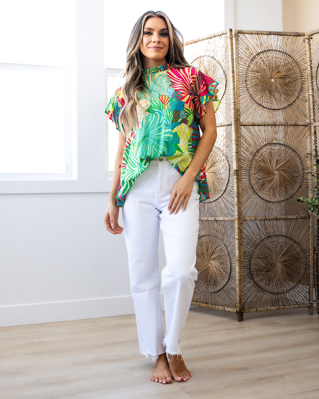 Mariah Bright Floral Ruffle Neck and Sleeve Top FINAL SALE  Lovely Melody   