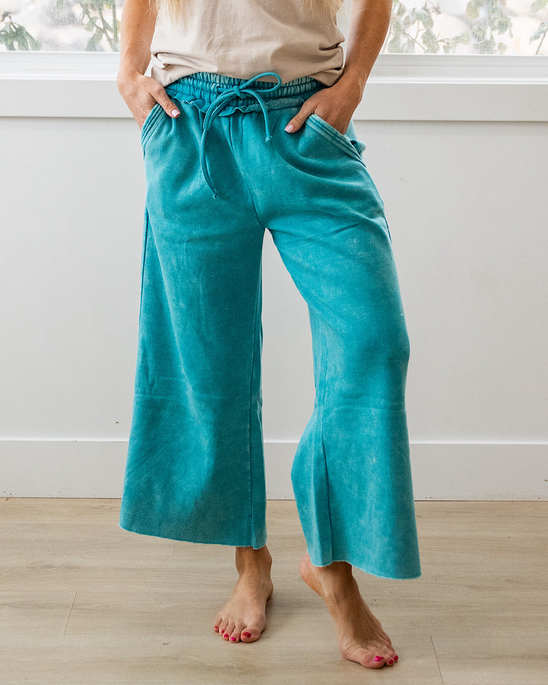 NEW! Cropped Wide Leg Comfy Pants - Light Teal Zenana