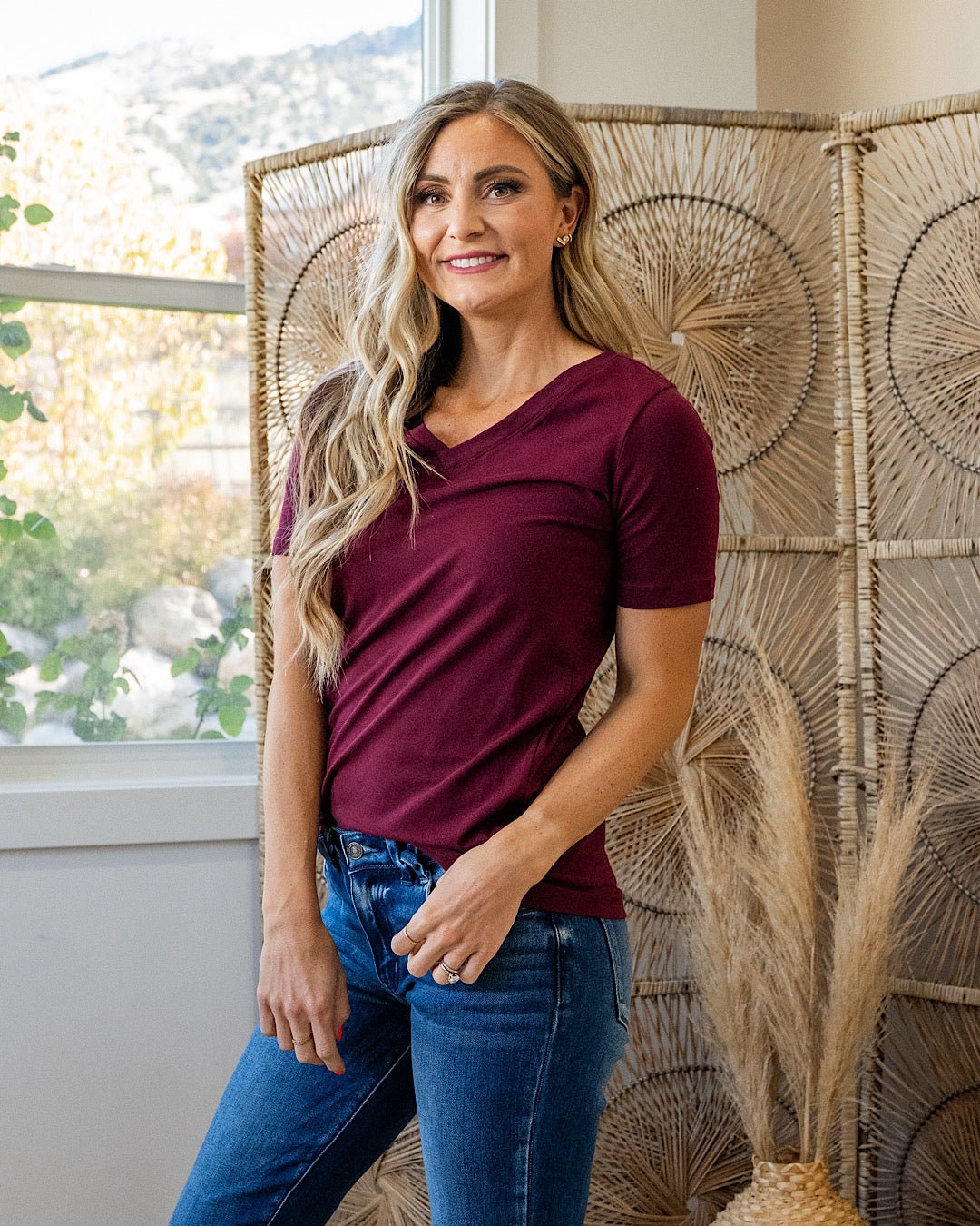 DOORBUSTER! Favorite V Neck Top - Dark Burgundy