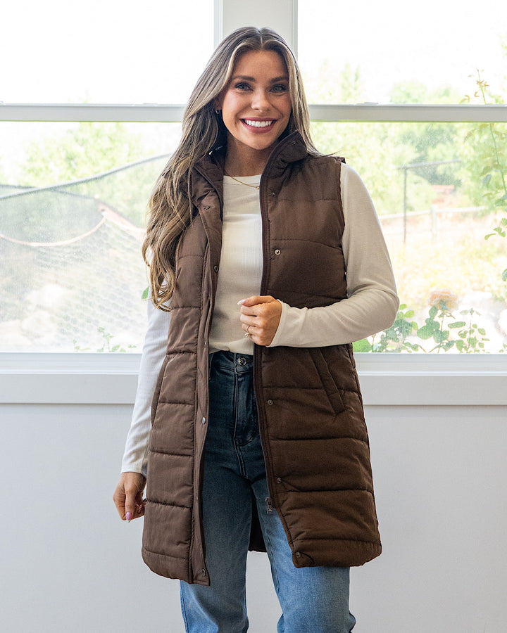 NEW! Harlow Long Vest - Brown Michelle Mae