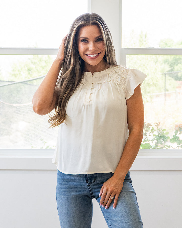NEW! Raya Ruffled Henley Blouse - Ivory