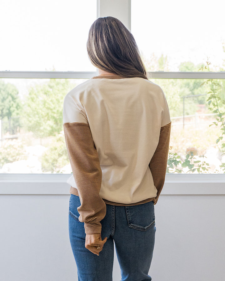 NEW! Danielle Striped Sleeve Brushed Top - Camel
