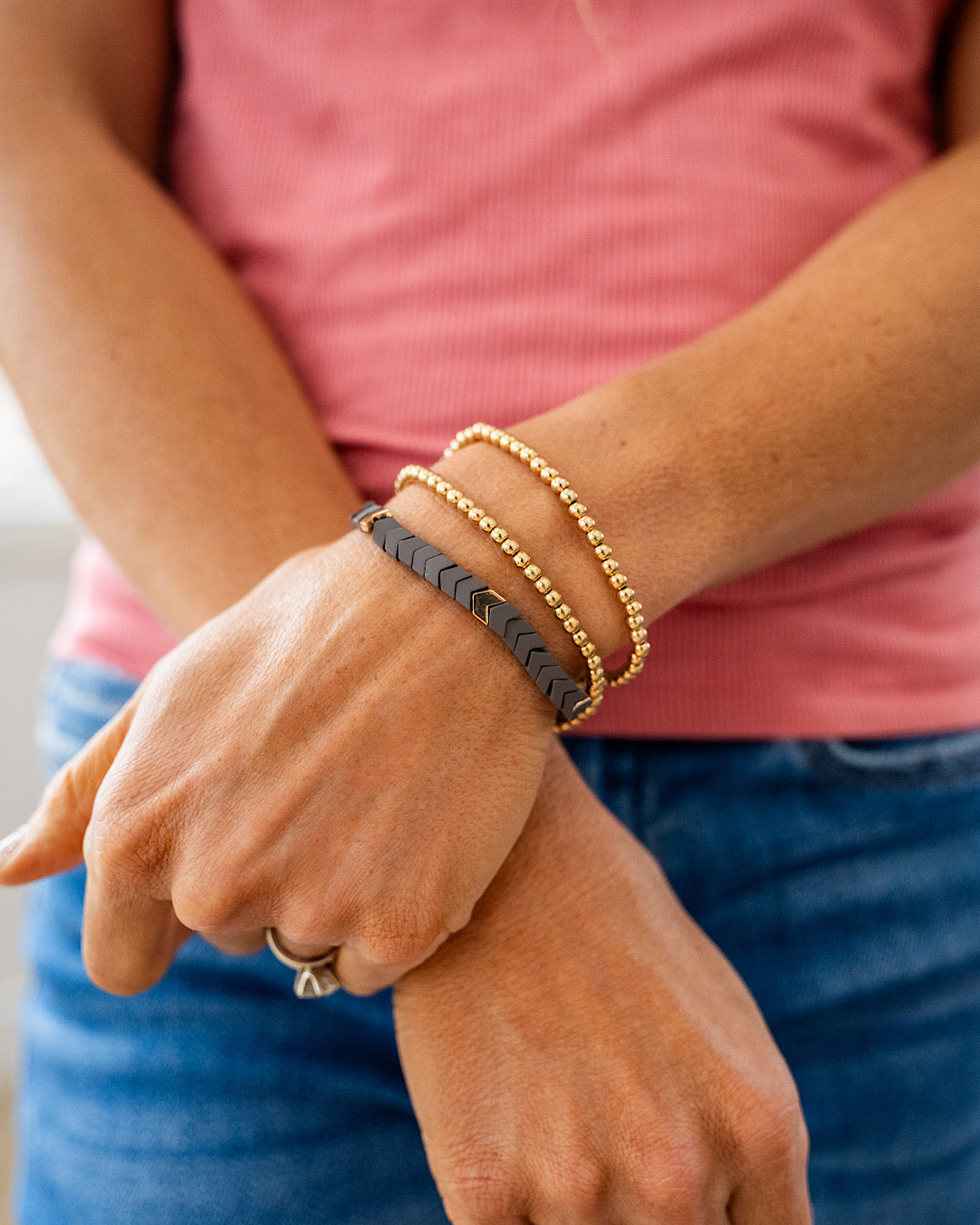 NEW! Gold with Gray Chevron Beaded Bracelet Set Trendy Wholesale