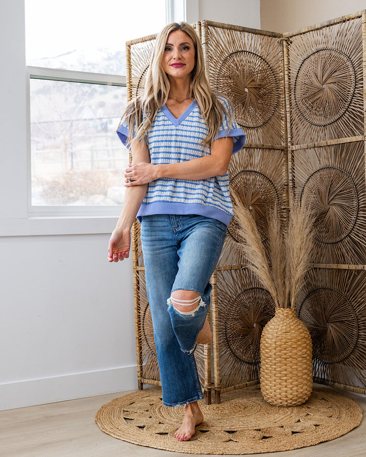 This Love Textured Striped V Neck Top - Chambray Lovely Melody