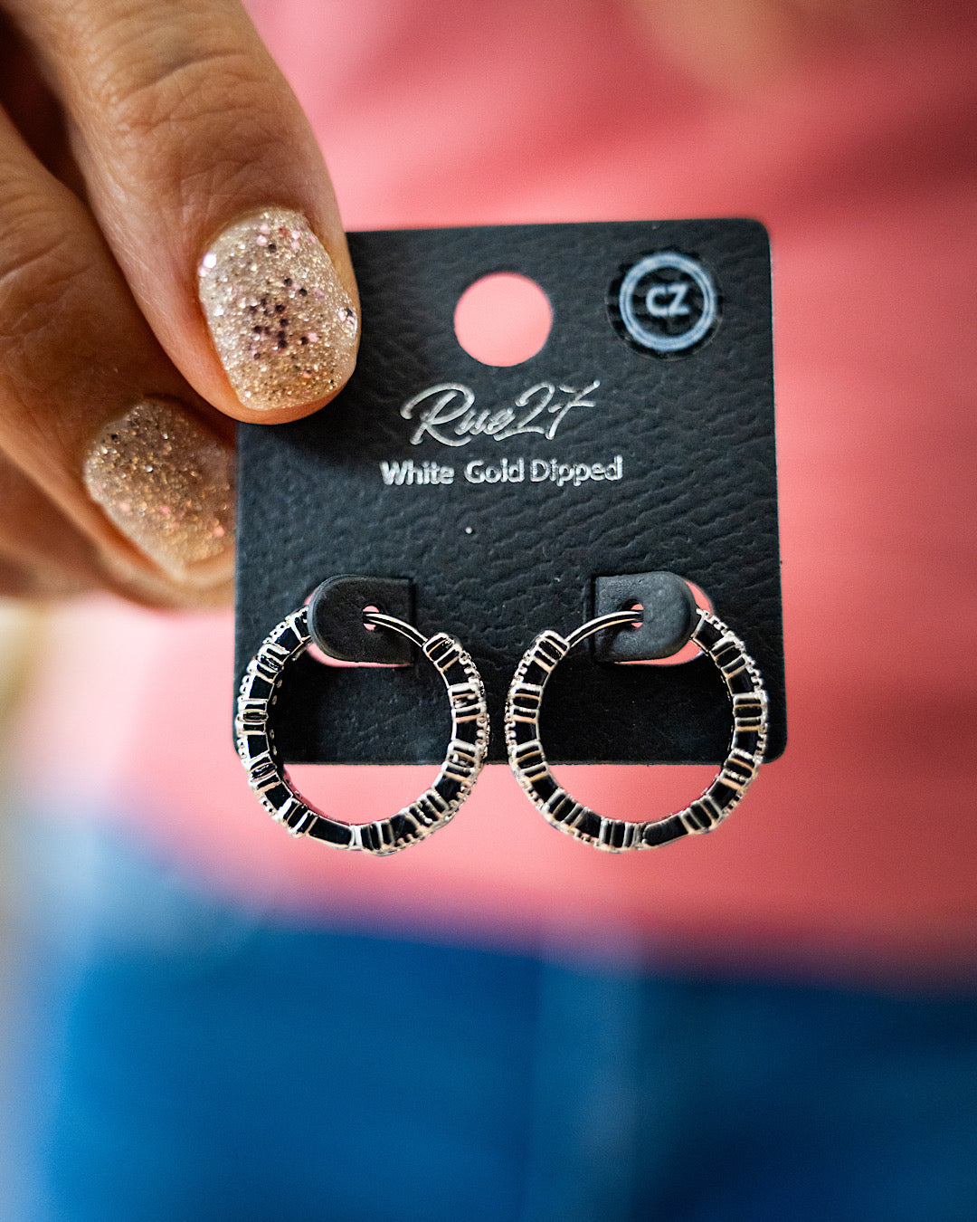 Textured Round Huggie Earrings with Rhinestones - Silver Trendy Wholesale