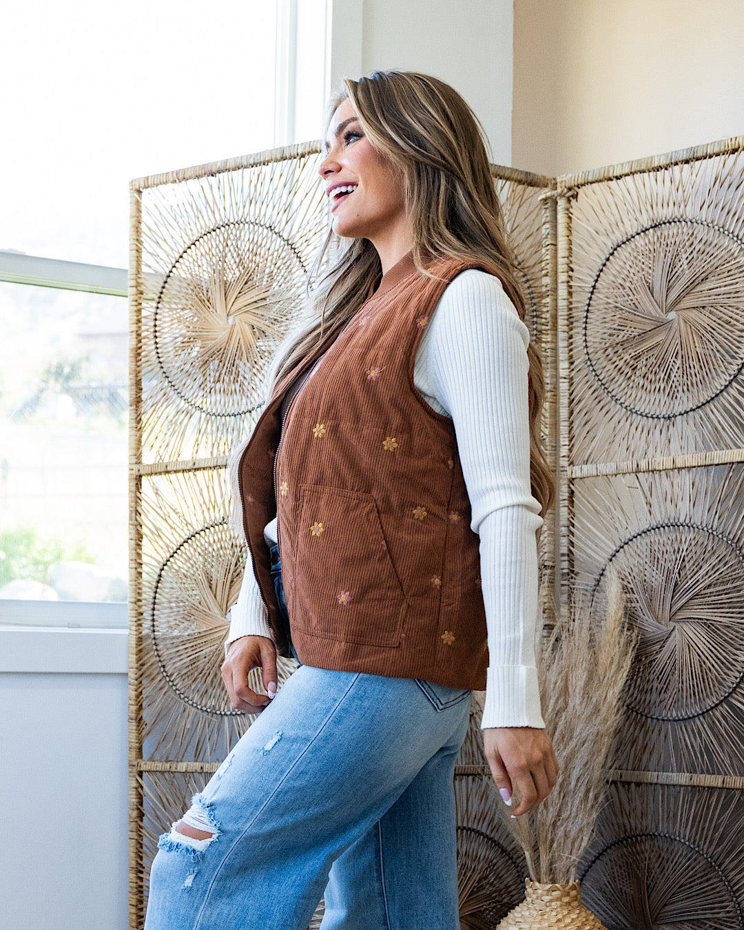 Natalie Embroidered Floral Corduroy Vest - Brown  Hem & Thread   