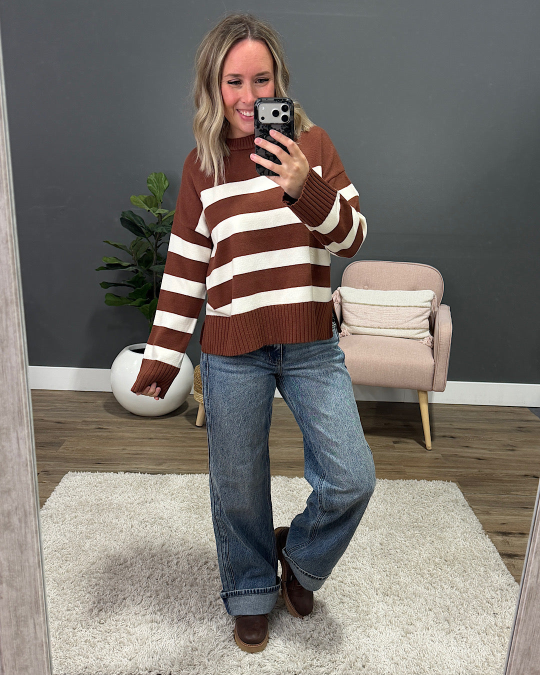 NEW! Shanna Striped Knit Sweater - Chestnut & Cream