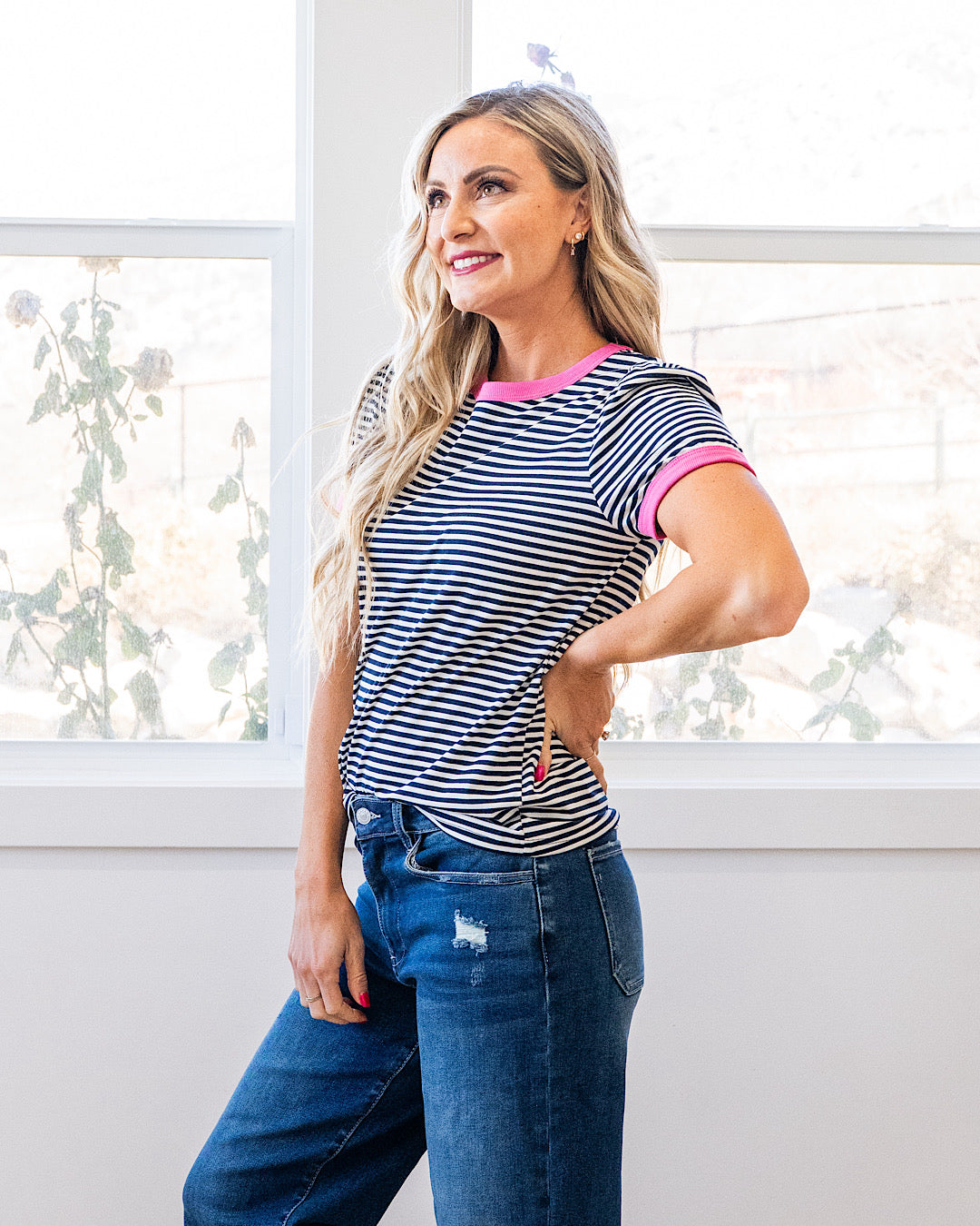 NEW! Mandy Puff Sleeve Striped Top - Navy & Pink Staccato