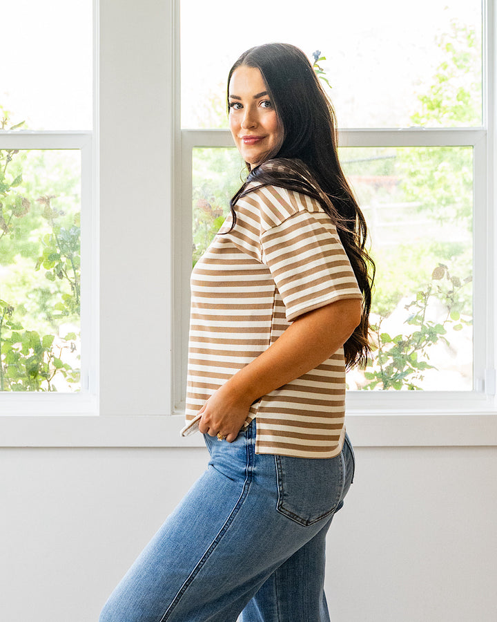 NEW! Hazel Contrast Striped Top - Tan & Blue