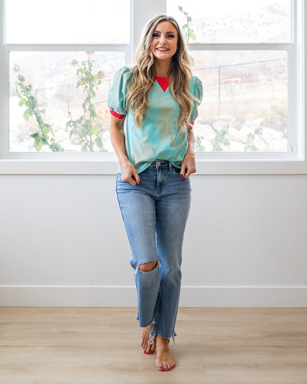 NEW! Becky Striped Puff Sleeve Top - Mint & Coral Staccato