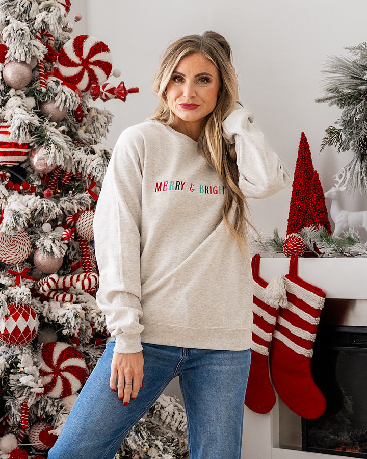 NEW! Merry & Bright Embroidered Sweatshirt - Heather Gray