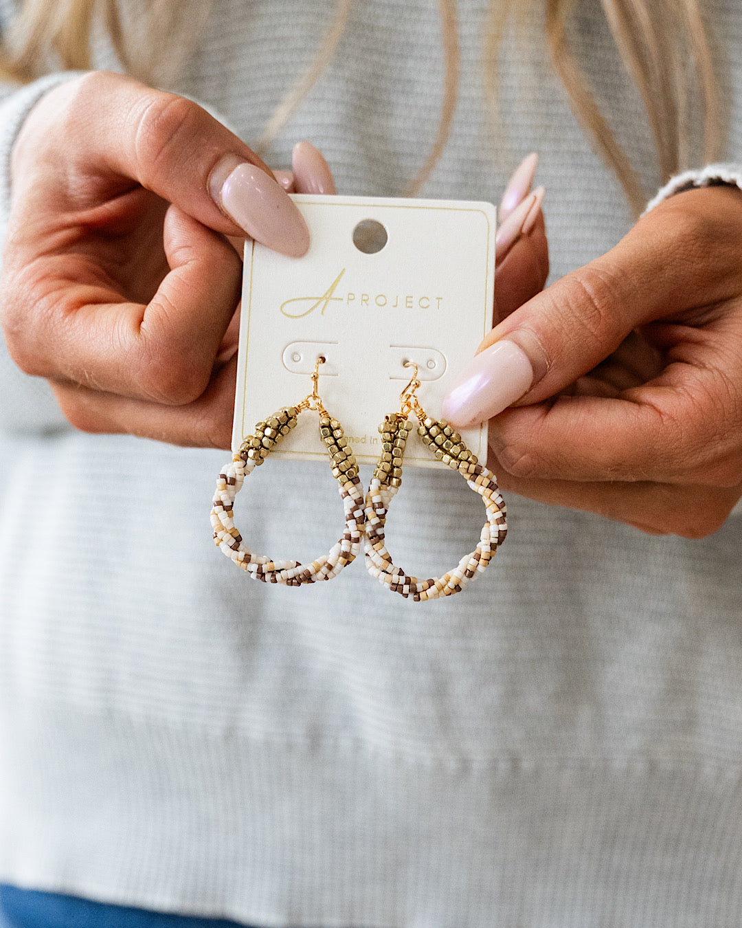 Twisted Beaded Teardrop Earrings - Beige and Tan  Trendy Wholesale   