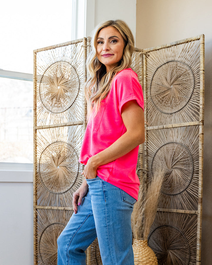 April V Neck Pocket Top - Neon Pink Heimish