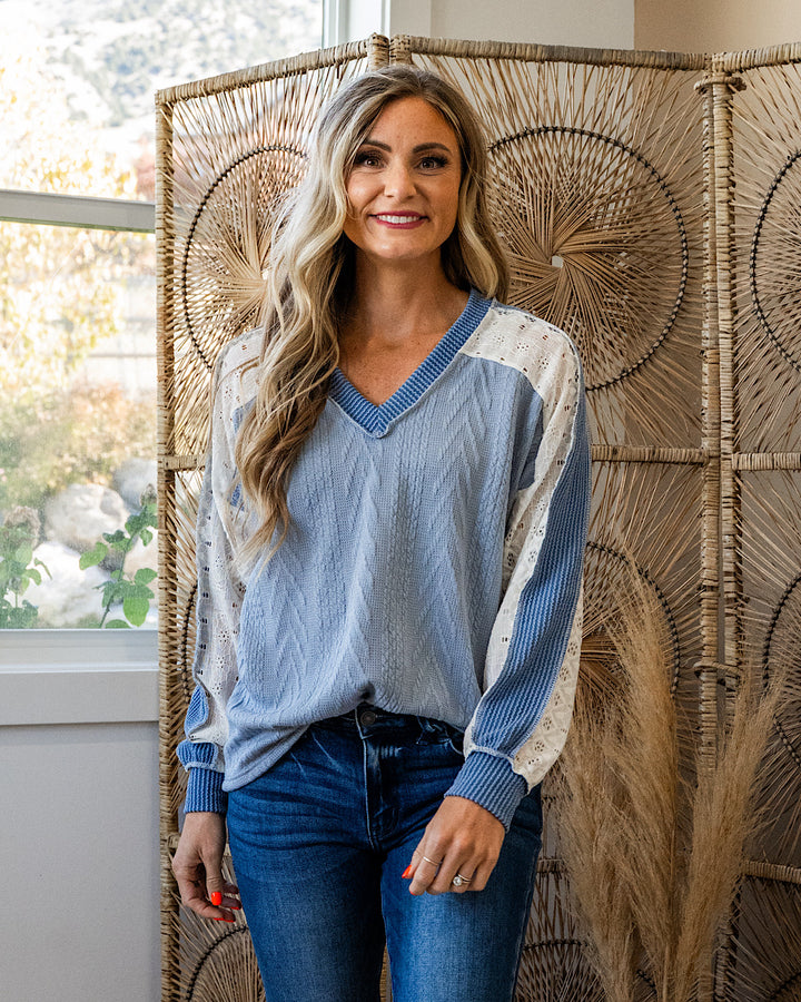 NEW! Angelique Mixed Fabric V Neck Top - Blue