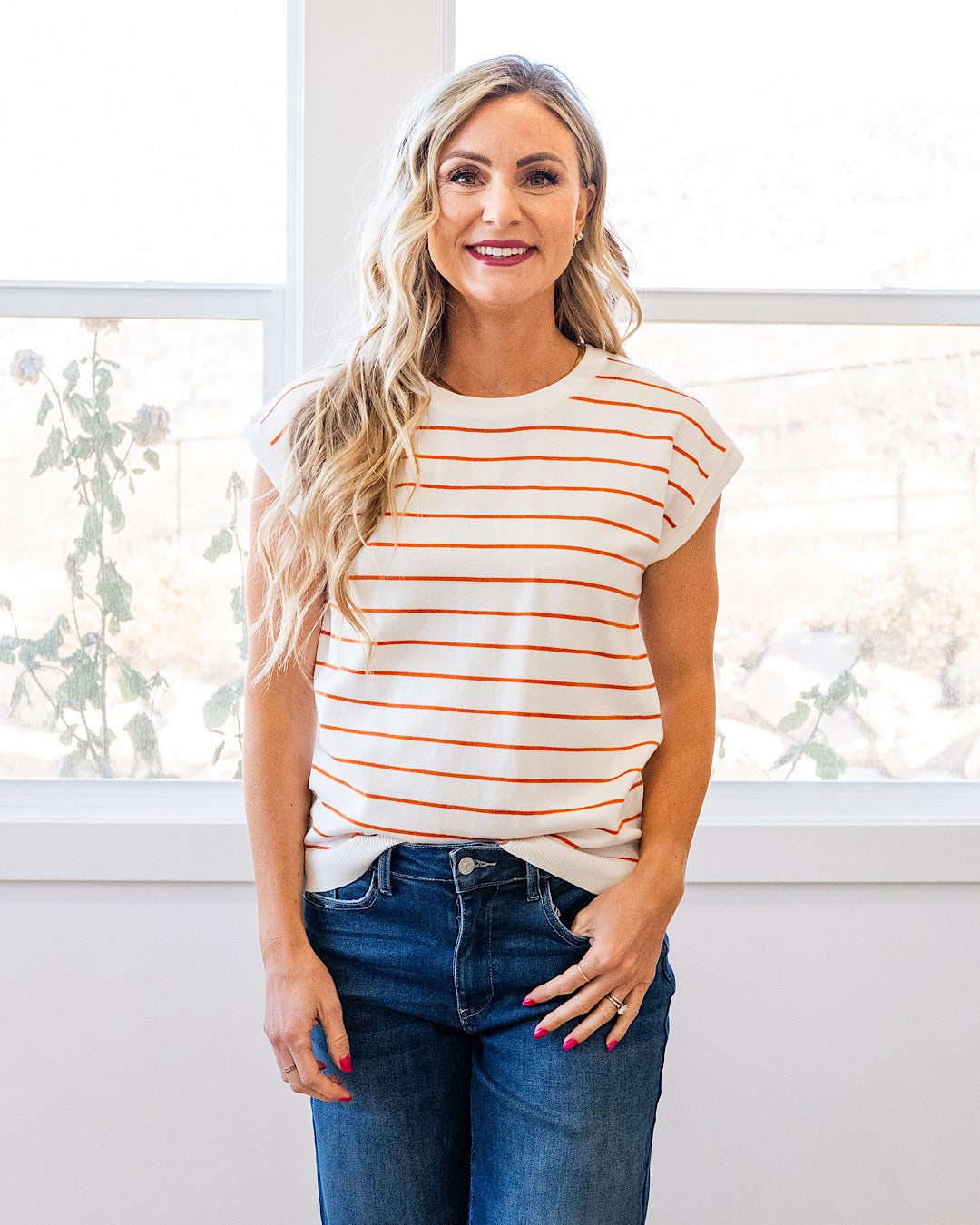 NEW! Allie Striped Short Sleeve Sweater - Ivory & Rust Staccato