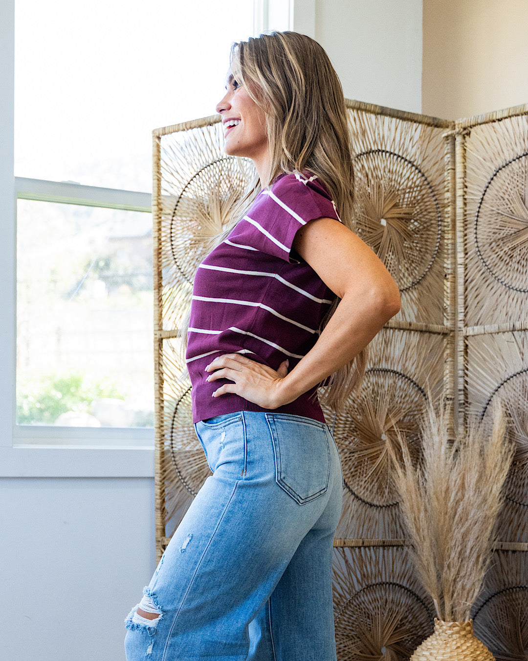 Tiffany Striped Short Sleeve Sweater - Maroon  Staccato   