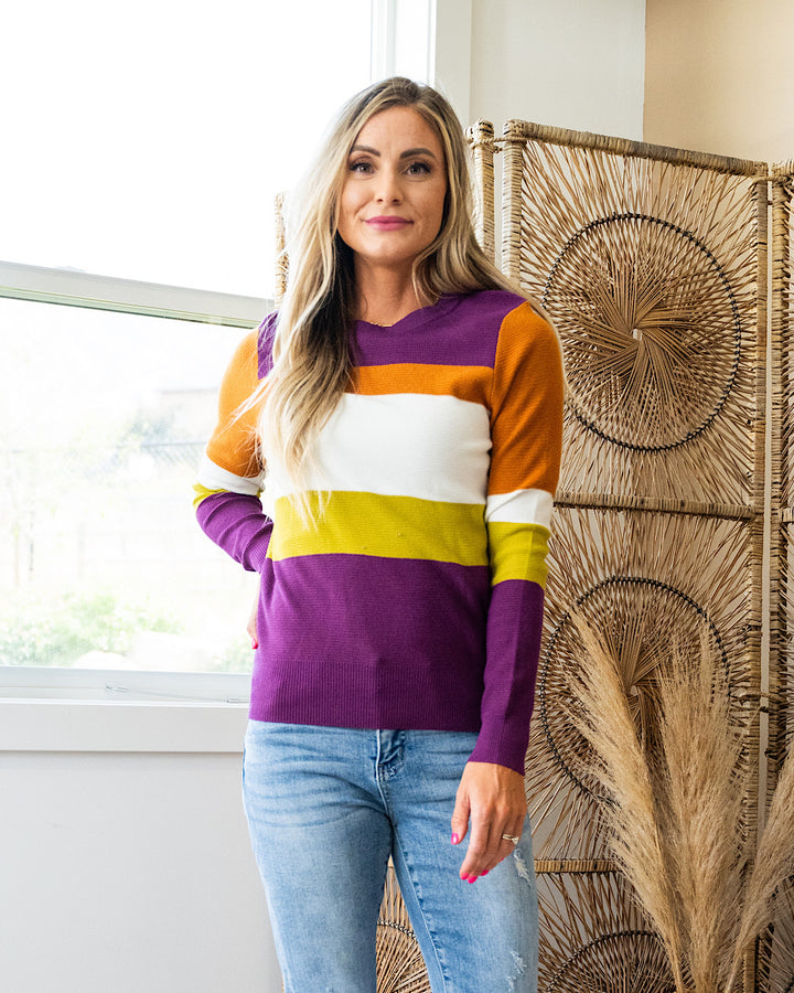 Tatiana Waffle Knit Striped Sweater - Plum, Copper & Chartreuse FINAL SALE Staccato