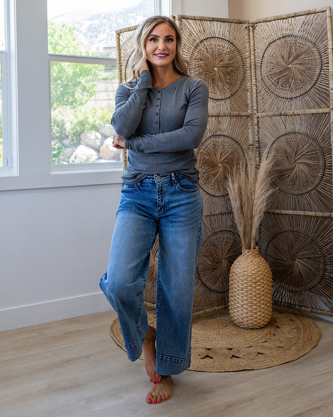 Cami Micro Ribbed Henley Top - Heather Gray