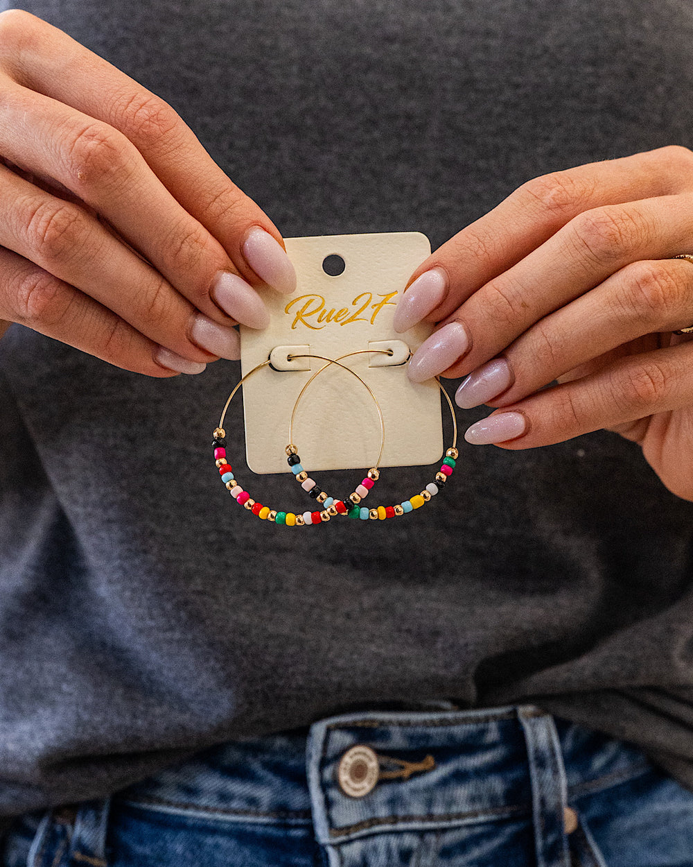 Gold Wire Hoops with Multi Colored Beads Trendy Wholesale
