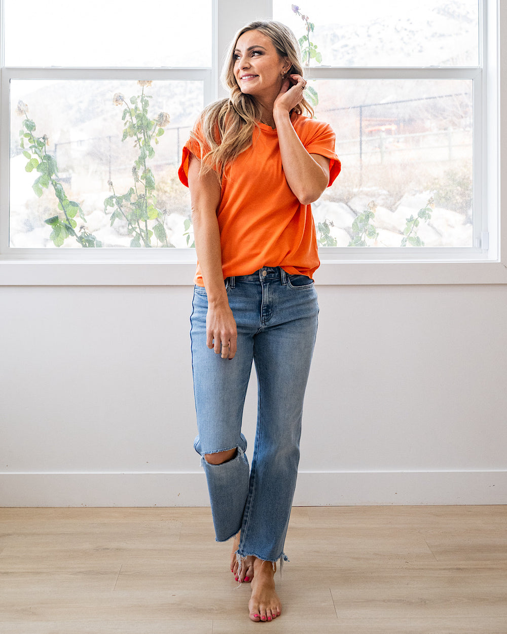 NEW! Melissa Roll Sleeve Top - Light Orange Staccato