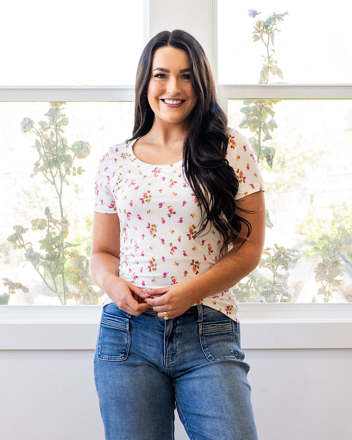 NEW! Reagan Floral Ribbed Top - Ivory & Pink PS Kate