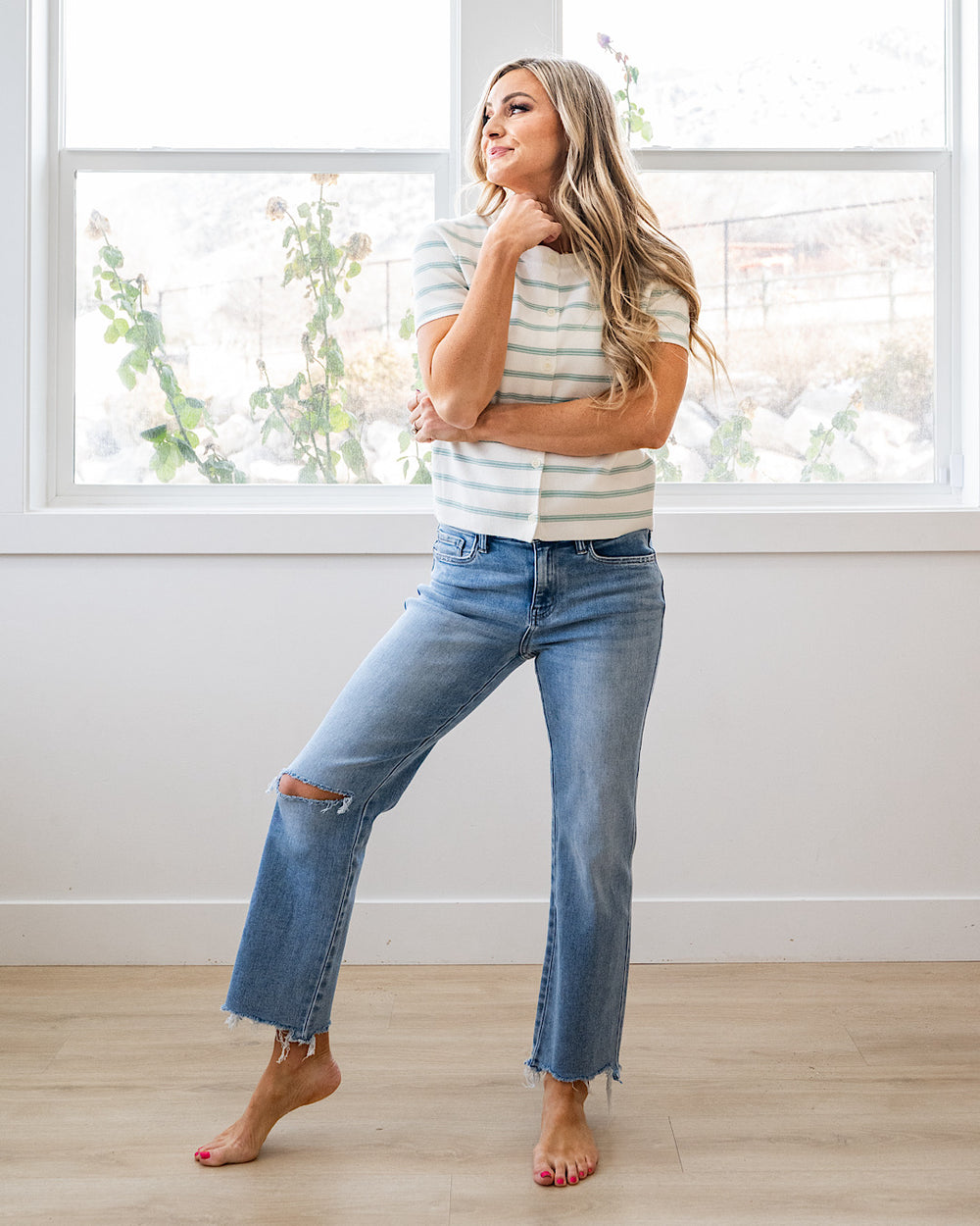 NEW! Courtney Striped Short Sleeve Cardigan - Seafoam Be Cool