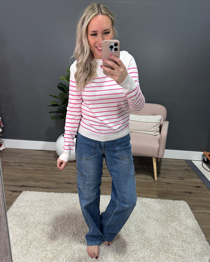 Christine Striped Fine Knit Sweater - Ivory & Pink Staccato