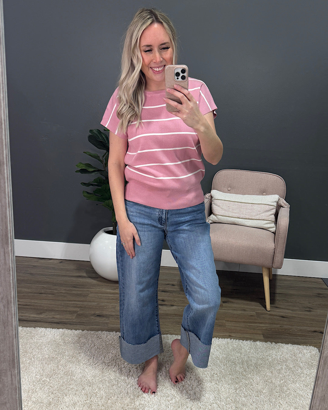 NEW! Shari Striped Short Sleeve Sweater - Pink Staccato