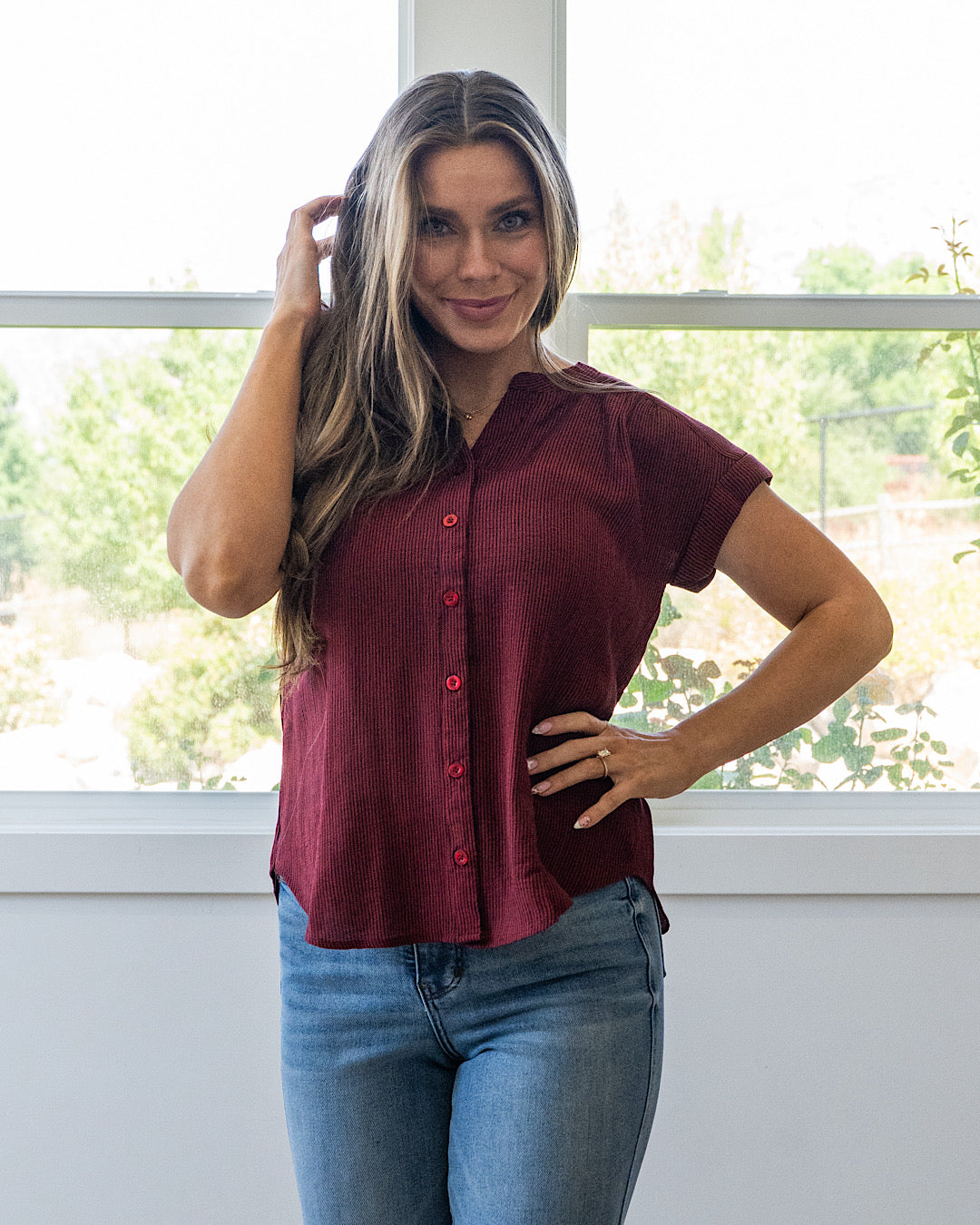NEW! Denise Rolled Cuff Button Up Top - Burgundy