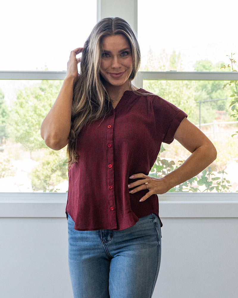 NEW! Denise Rolled Cuff Button Up Top - Burgundy