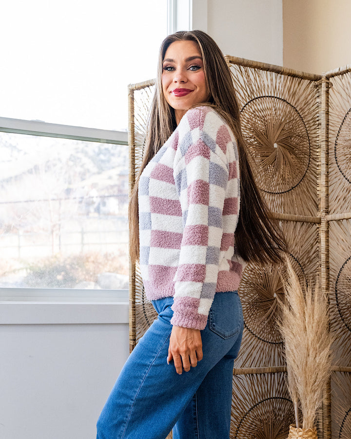 Kathryn Cozy Checkered Sweater - Gray & Pink Michelle Mae