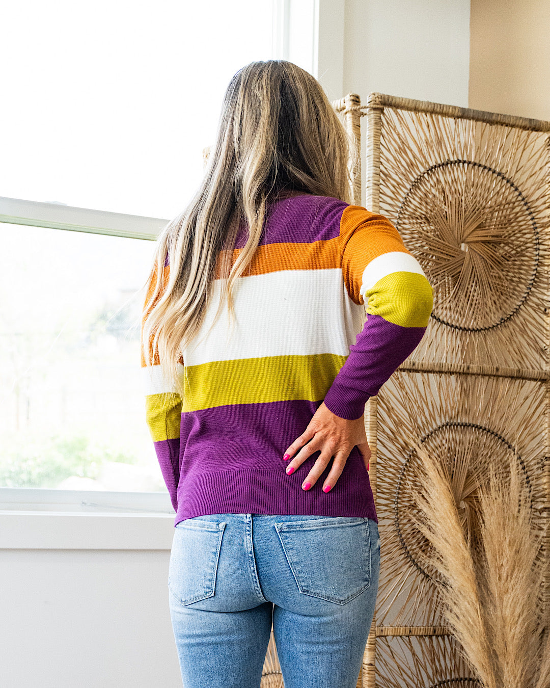 Tatiana Waffle Knit Striped Sweater - Plum, Copper & Chartreuse  Staccato   