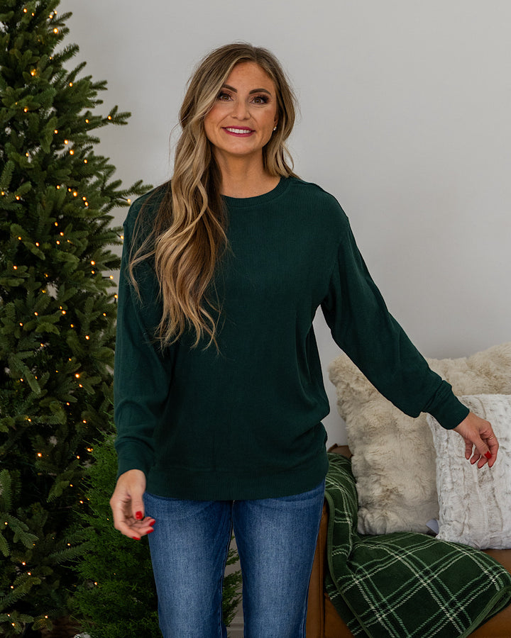 NEW! Mia Ribbed Crewneck Top - Forest Green