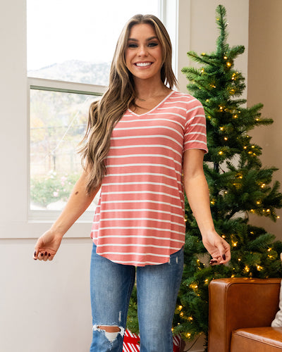 Striped V Neck Top - Ash Rose FINAL SALE Zenana