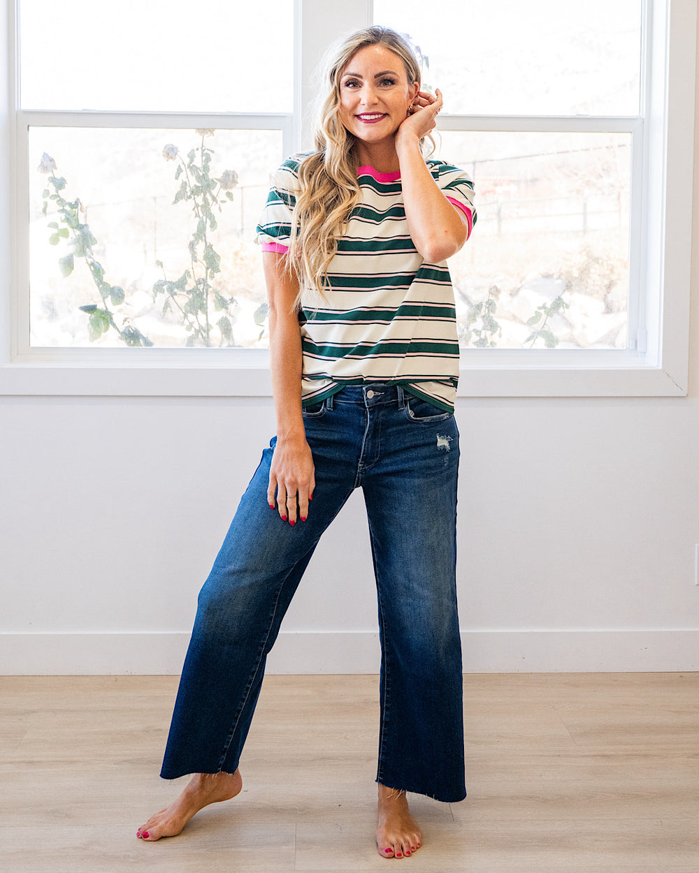 NEW! Shauna Contrast Striped Top - Green & Pink Staccato