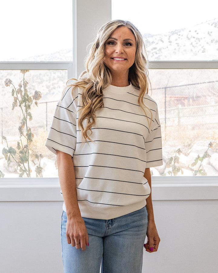 NEW! Macey Scuba Fabric Striped Top - Cream & Black Rae Mode