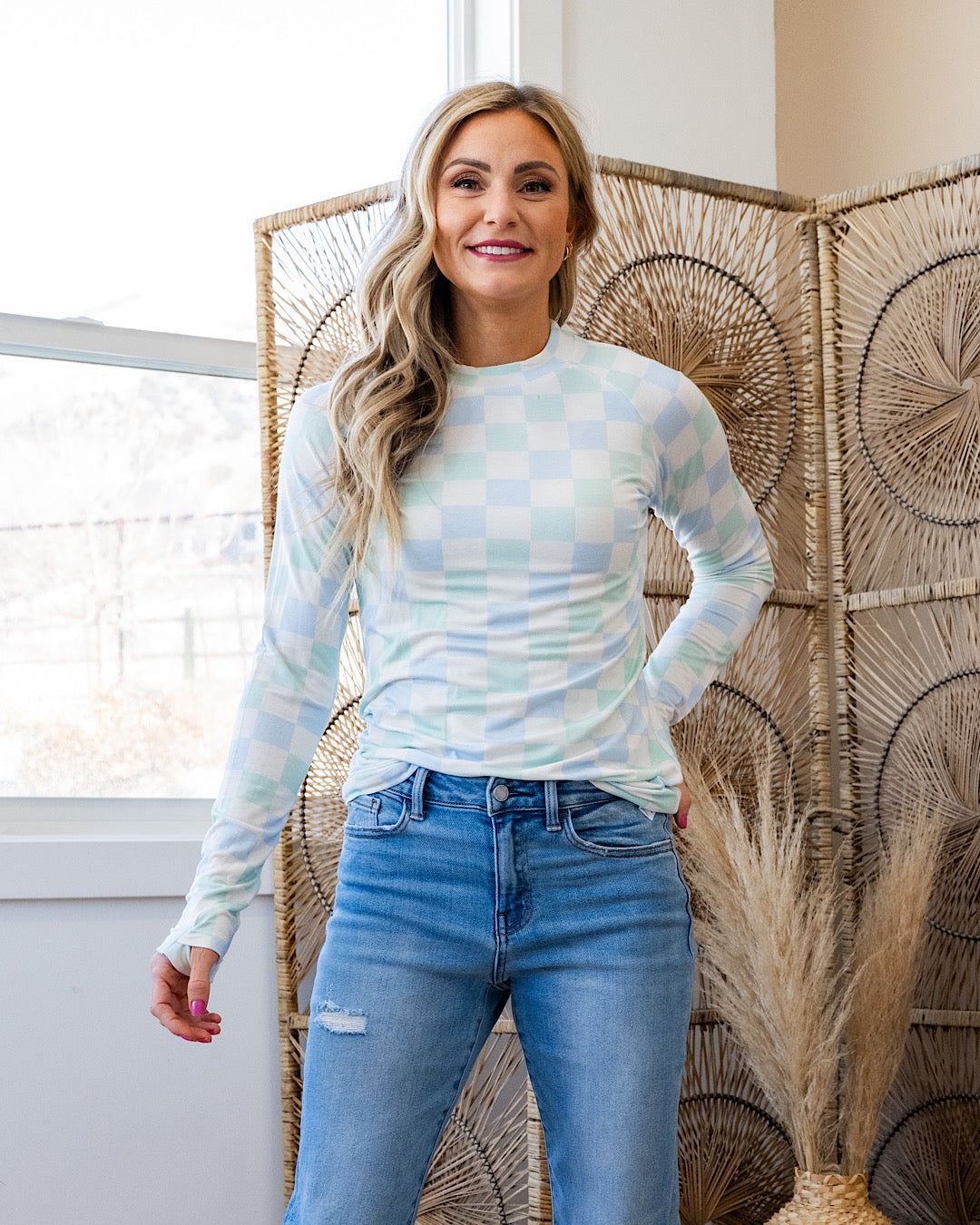 NEW! Blair Long Sleeve Top - Blue & Mint Checkered Michelle Mae