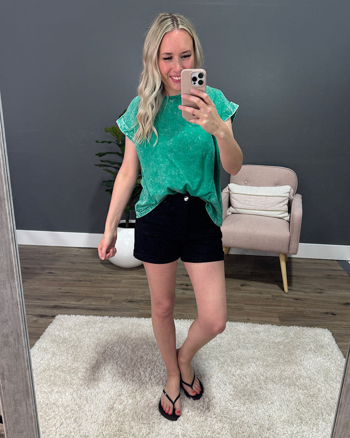 Mineral Wash Roll Sleeve Top - Kelly Green Zenana