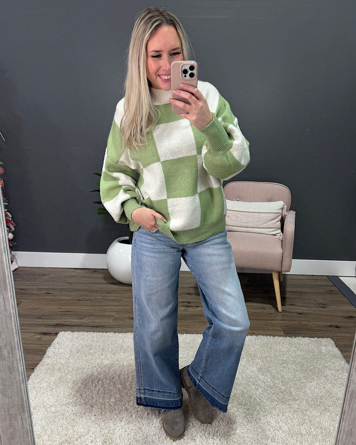 DOORBUSTER! Checkered Sweater - Sage & Ivory