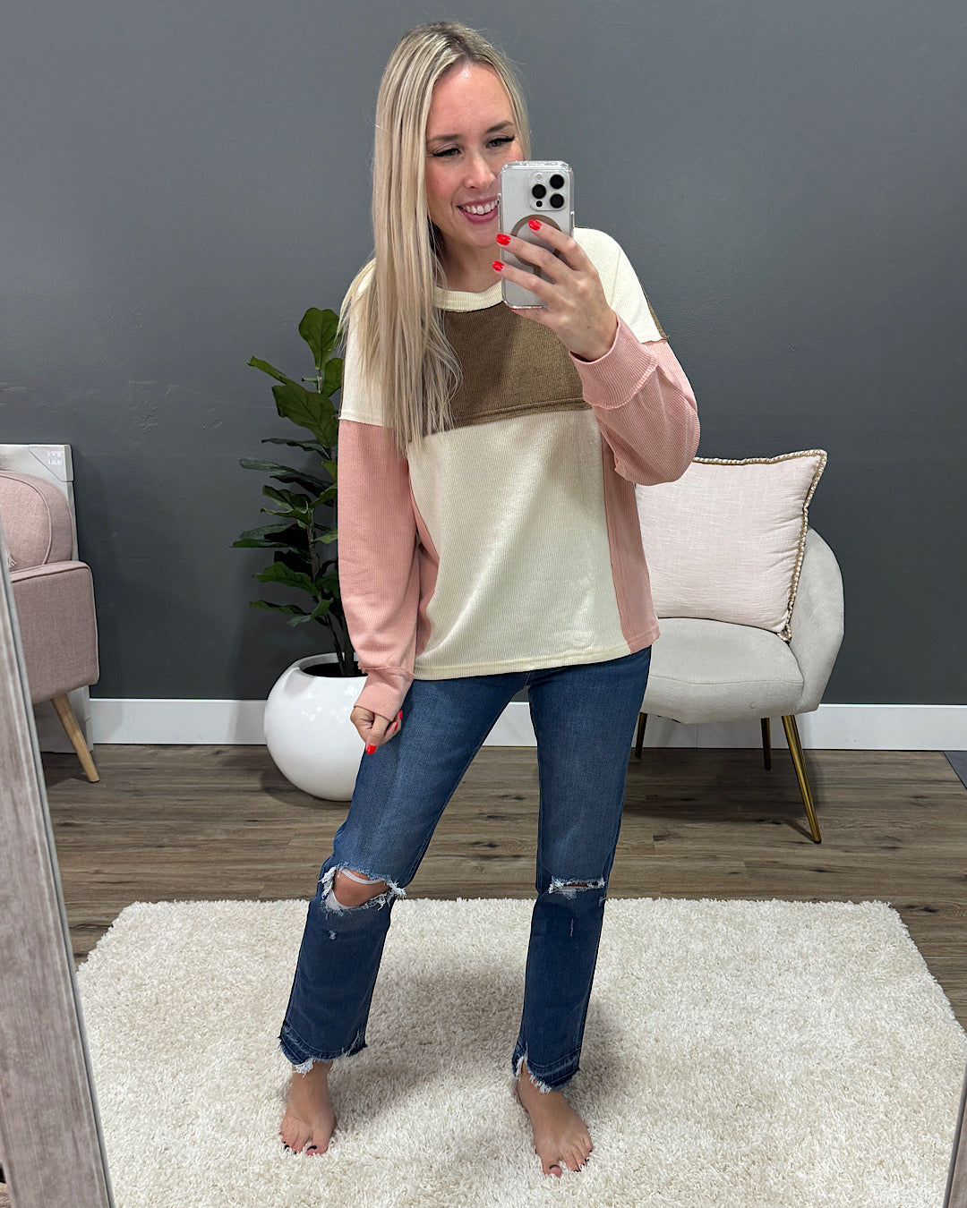 LeeAnn Color Block Ribbed Top - Cream, Mocha & Blush  Bibi   