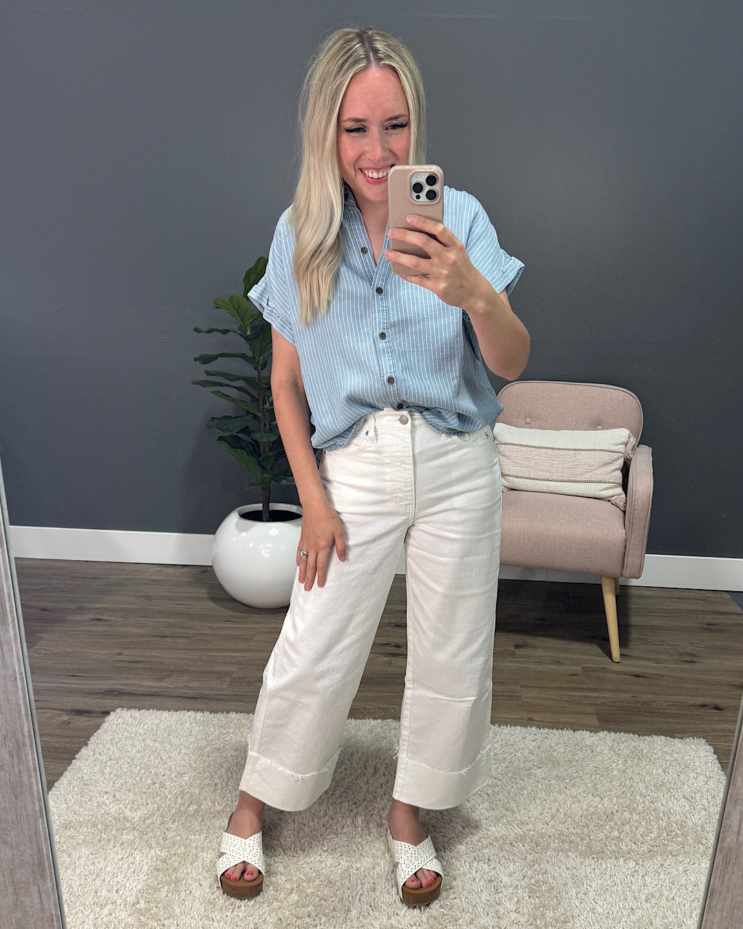Emmy Blue Striped Tencel Button Up Top Be Cool