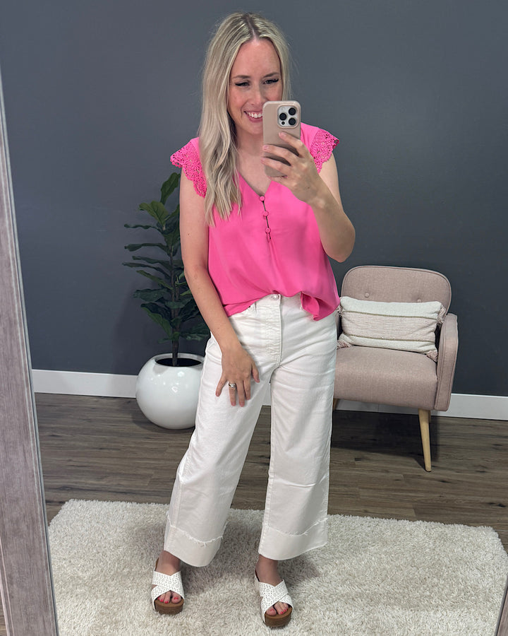 Bentlee V Neck Button Up Top - Light Fuchsia Mine